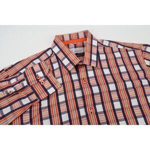 Visconti Mens‎ Medium Woven Plaid Orange Multicolor Long Sleeve Shirt Cotton